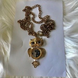 Owl Neckless Gold Tone Black Crystal Eyes